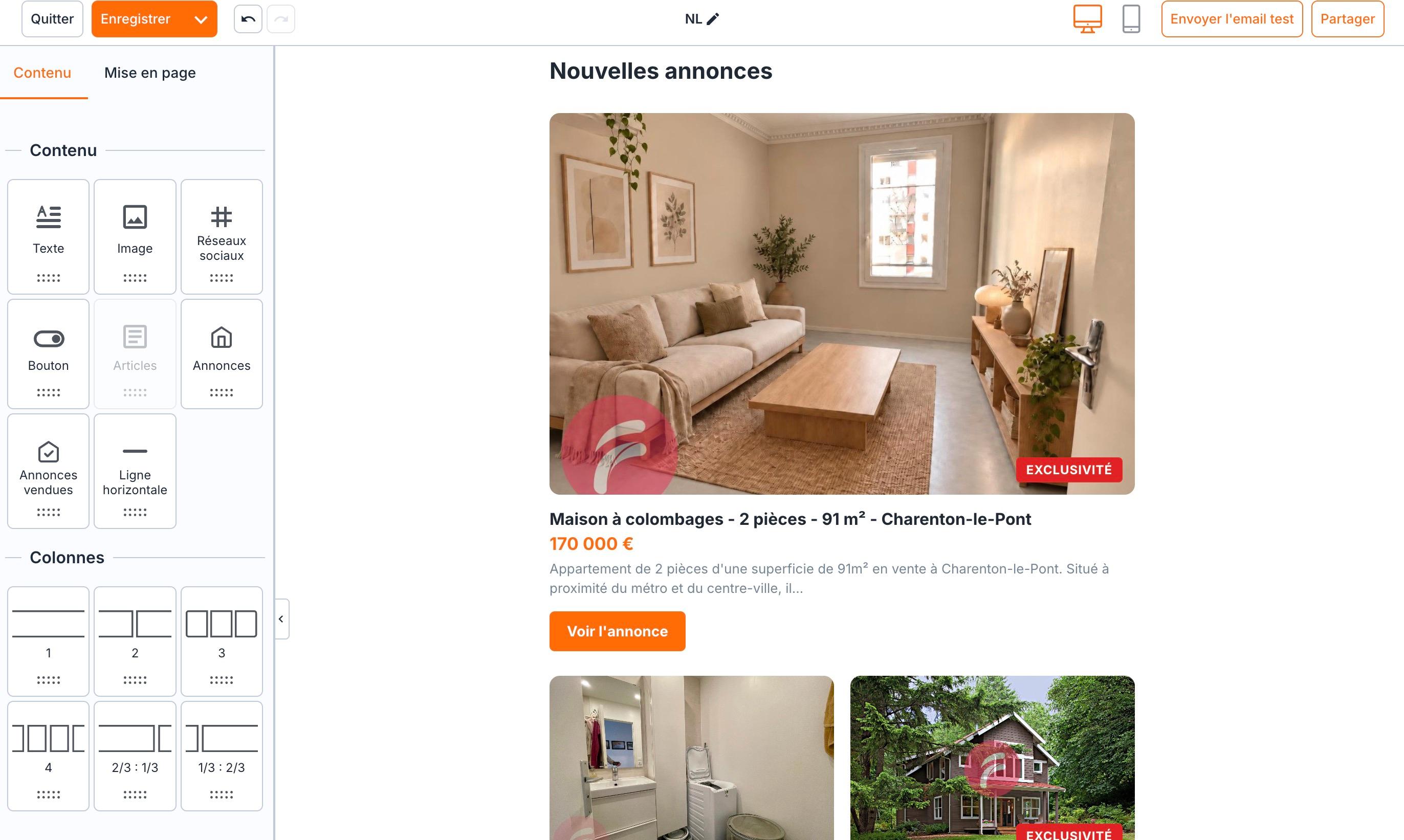 Éditeur de campagne : le bloc « Annonces », mise en page « une grande puis deux par ligne », avec l'étiquette « Exclusivité ».