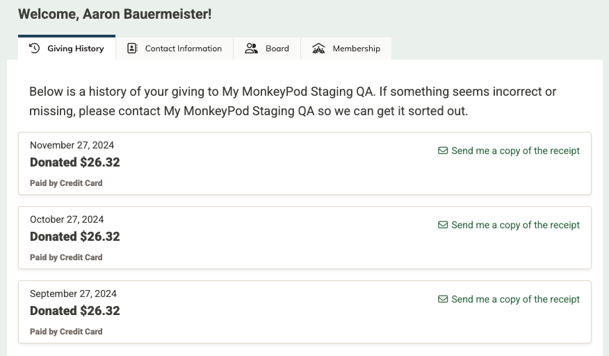 Screenshot of the Giving History tab of the Community Portal