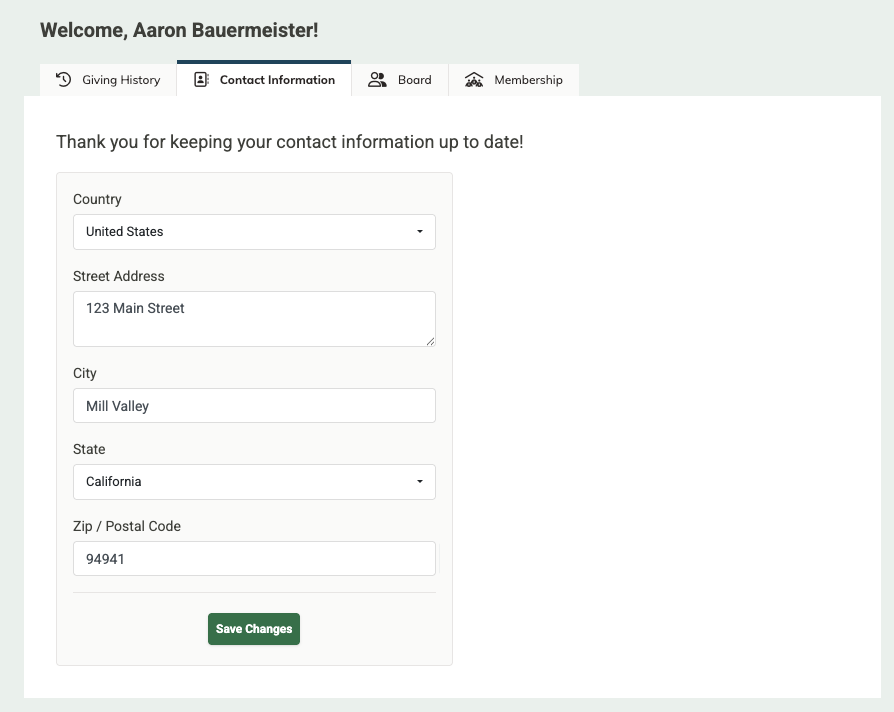 Screenshot of the Contact Information tab in the Community Portal
