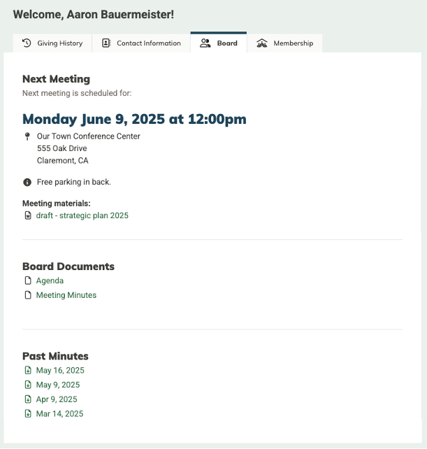 Screenshot of the Board tab in the Community Portal