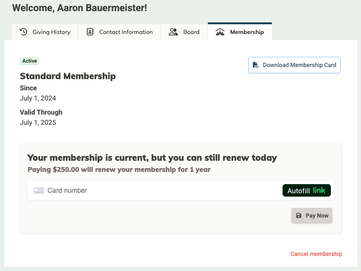Screenshot of the Membership tab in the Community Portal