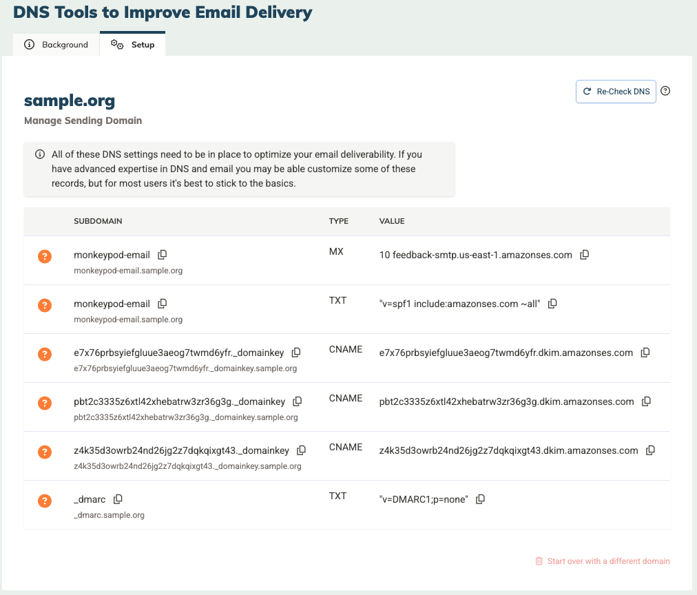 Screenshot of DNS Tools setup page with orange question marks before each setting indicating unverified status