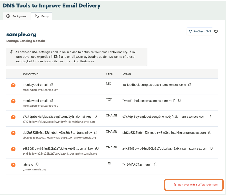 Screenshot of the DNS Tools Setup tab with