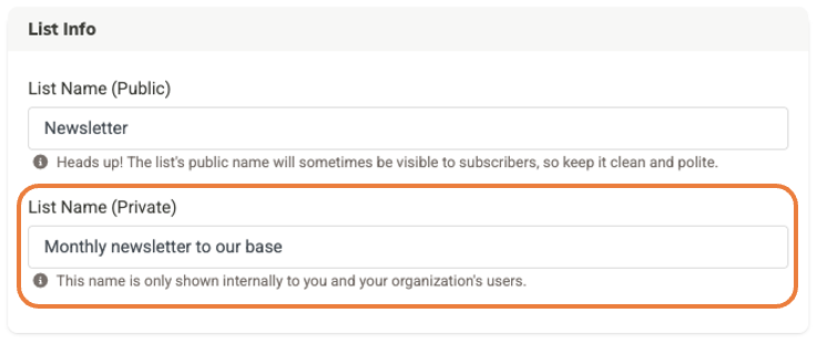 Screenshot of the List Info fields highlighting