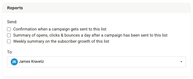 Screenshot of Reports options for email lists.