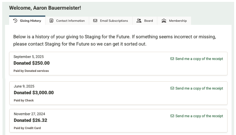 Screenshot of the Giving History tab in the Community Portal