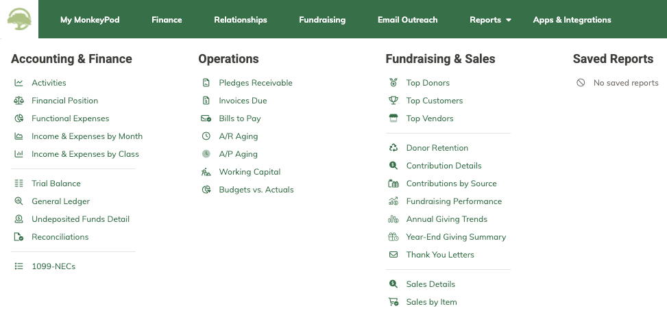 Screenshot of the Reports menu