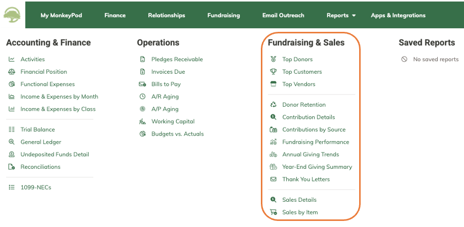 Screenshot of Reports menu with 