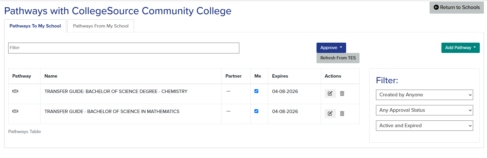 Pathways from CollegeSource Community College. Two Pathways are listed.