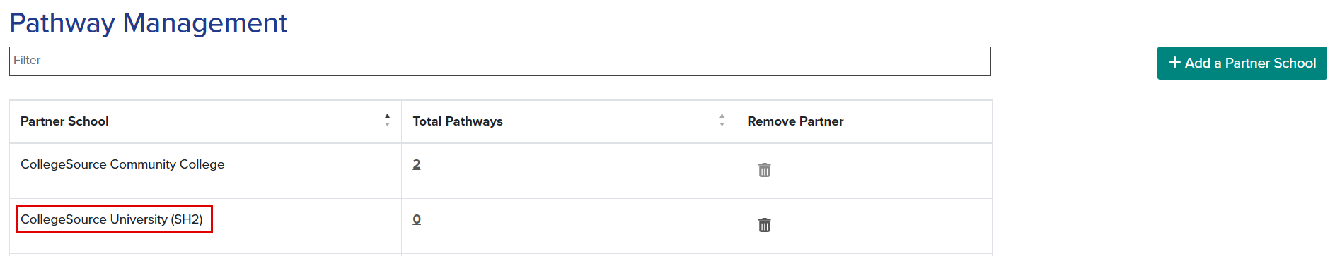 The callout highlights the location of a partner school name within the table.