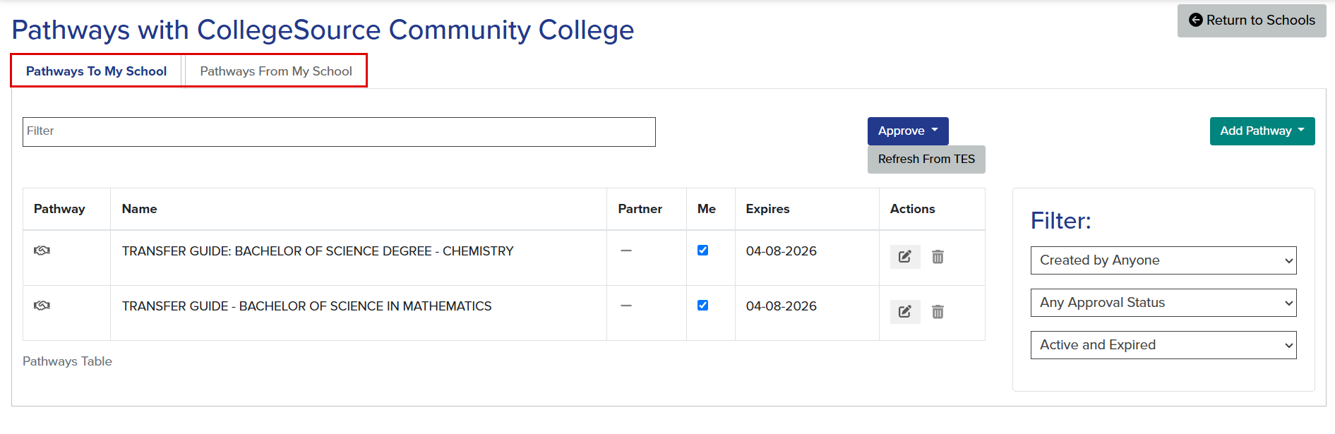 The callout highlights the location of the Pathways To My School and Pathways From My School tabs.
