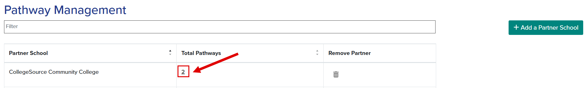 A callout highlights the location of the Total Pathways hyperlink. In the example, the school has two Pathways.