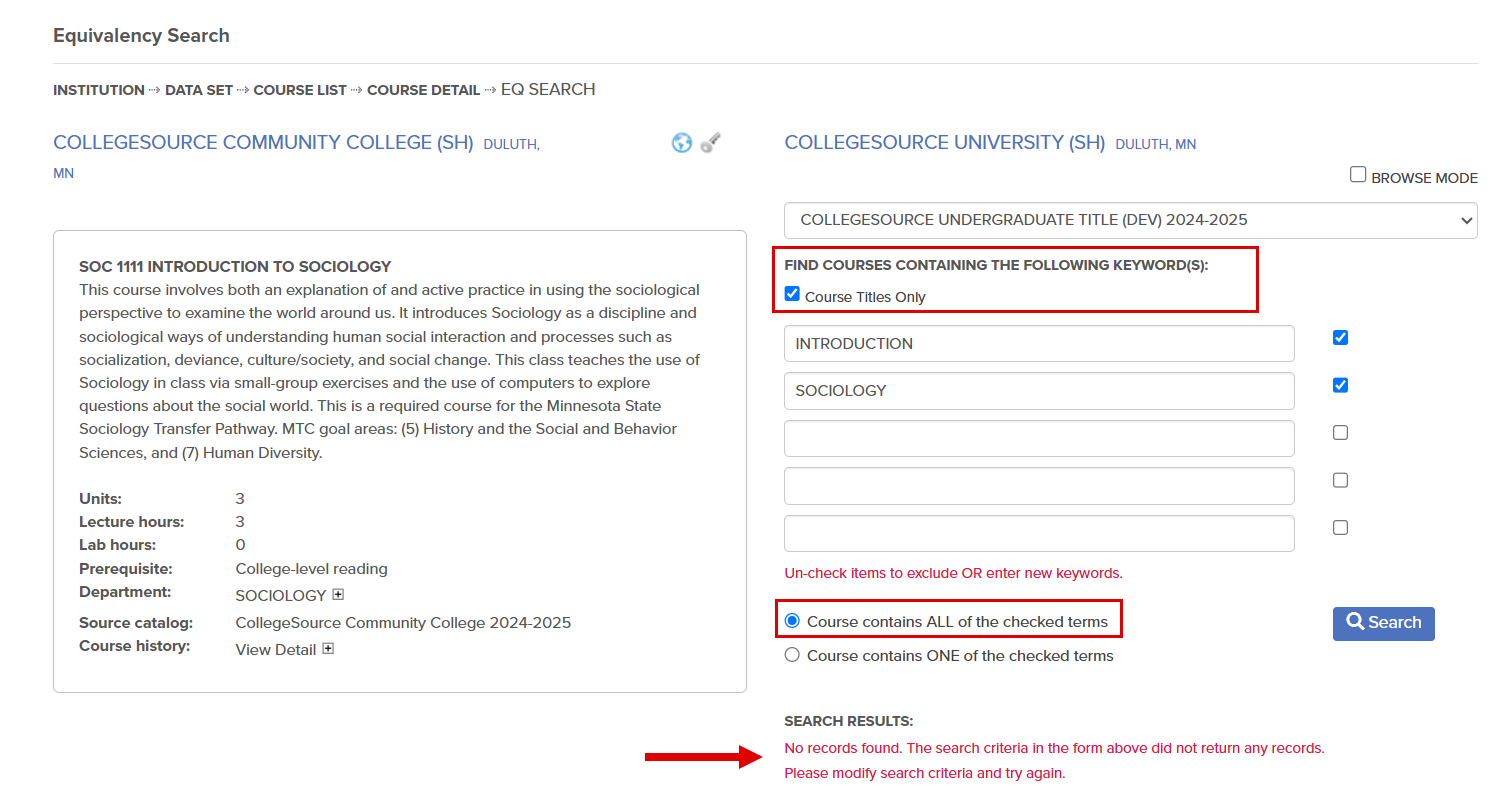 The first callout highlights the Course Titles Only checkbox. The second callout highlights the Course contains all of the checked terms toggle. The third callout notes that no courses were found at in the receiving institution's catalog with both introduction and sociology in the title. It is suggested that the user modify the search criteria and try again.