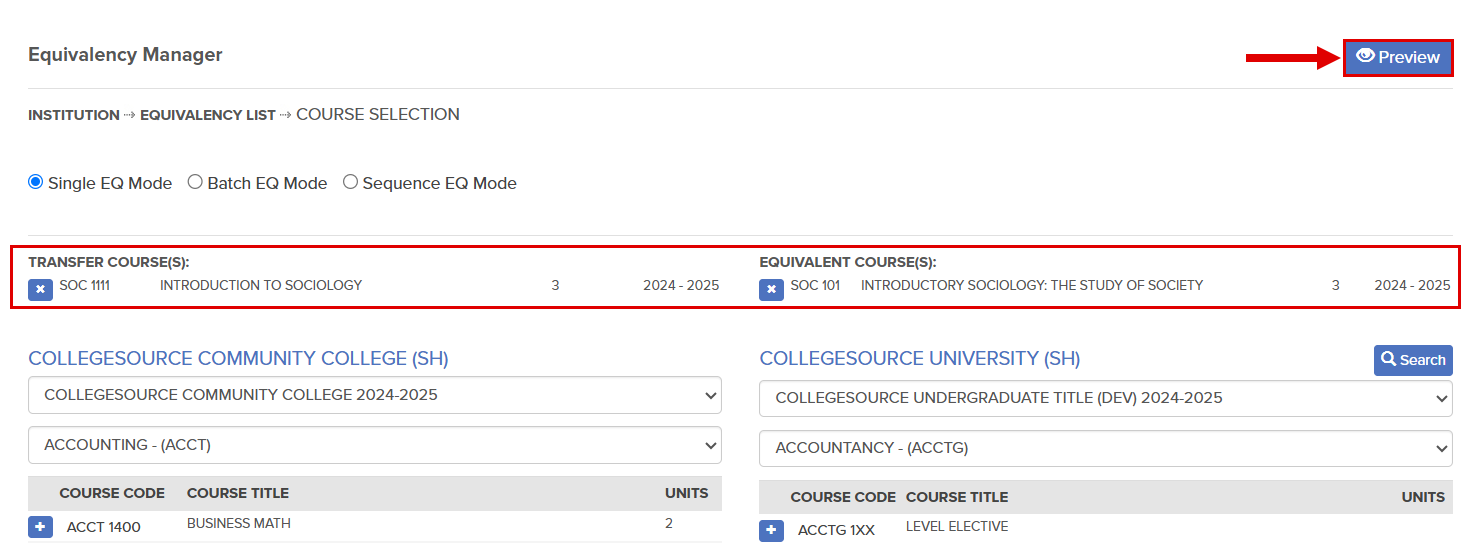 A callout highlights the location of the Preview button. The Transfer Courses and Equivalent Courses are also highlighted.