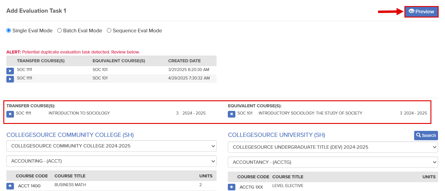 A callout highlights the location of the Preview button. The Transfer Courses and Equivalent Courses are also highlighted.