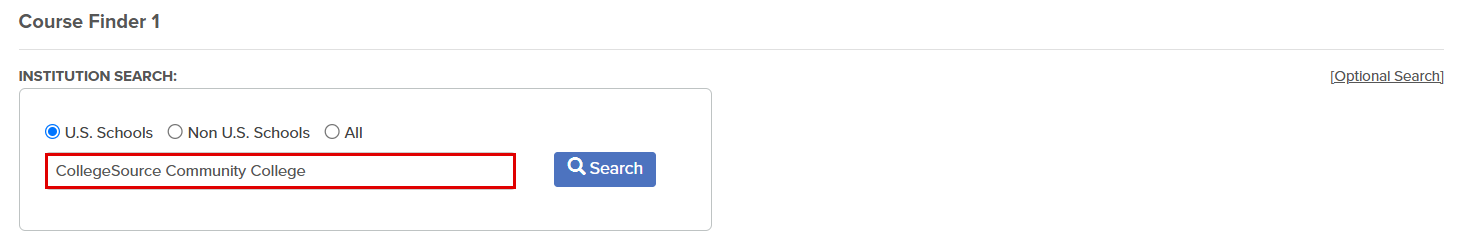The callout highlights the institution name entered into the search box.