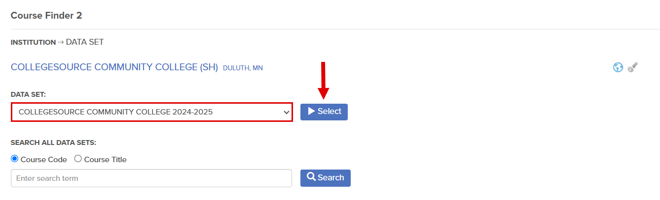 The callouts highlight the location of the data set drop-down and the Select button.
