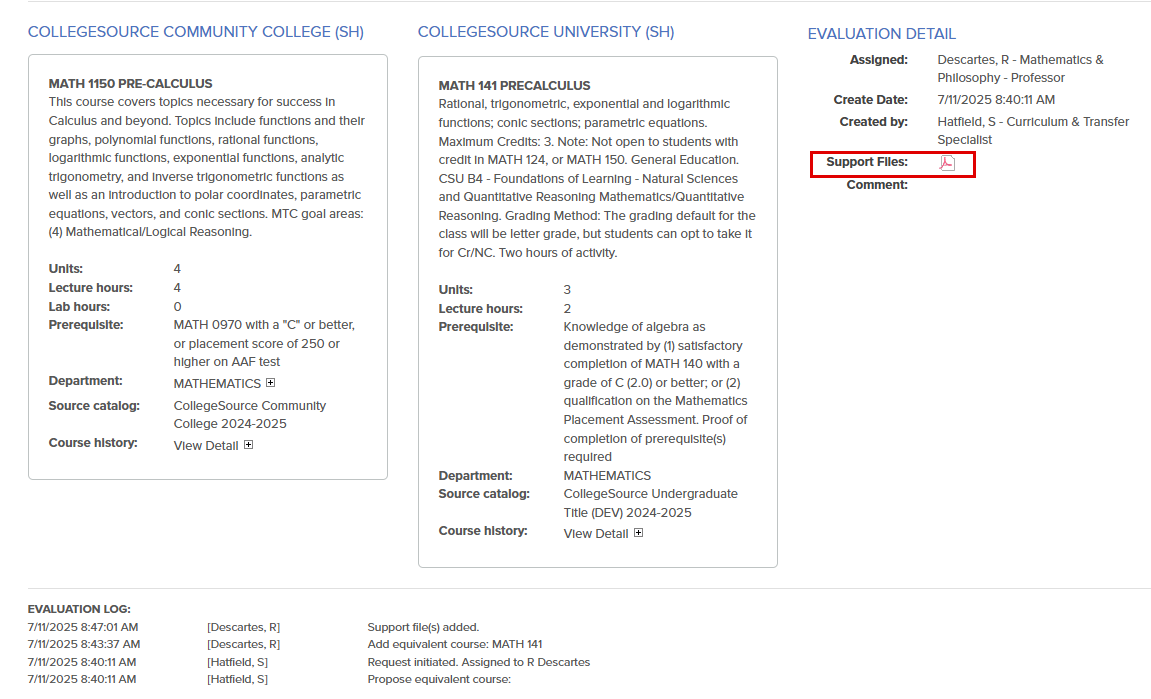 The callout highlights the location of the support file in the evaluation task.