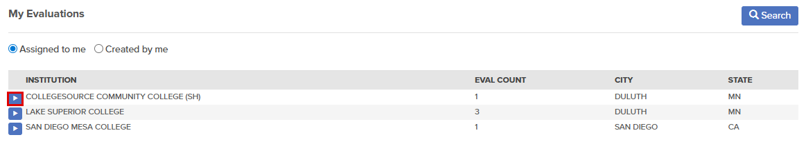 The callout highlights the location of the arrow to the left of the institution name.
