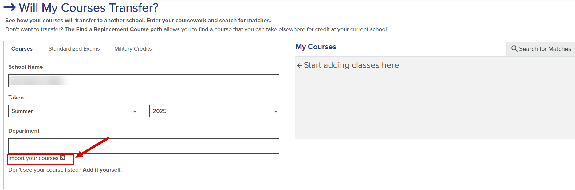 Callout highlights the location of the Import your courses hyperlink under the Department textbox.