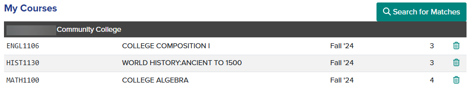 My Courses. Three courses from a community college appear.