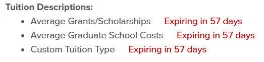 Three alerts show that the tuition description values are expiring in 57 days.