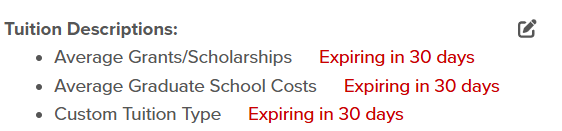 Three alerts show that the tuition description values are expiring in 30 days.