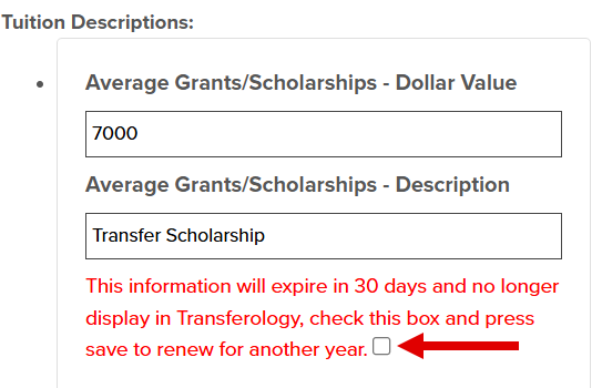 Callout highlights the checkbox to the right of a message which says that this information will expire in 30 days and no longer display in Transferology. Check this box and press save to renew for another year.