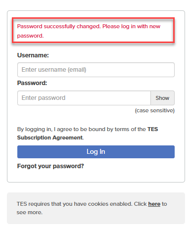 Callout reads password successfully changed. Please log in with new password.