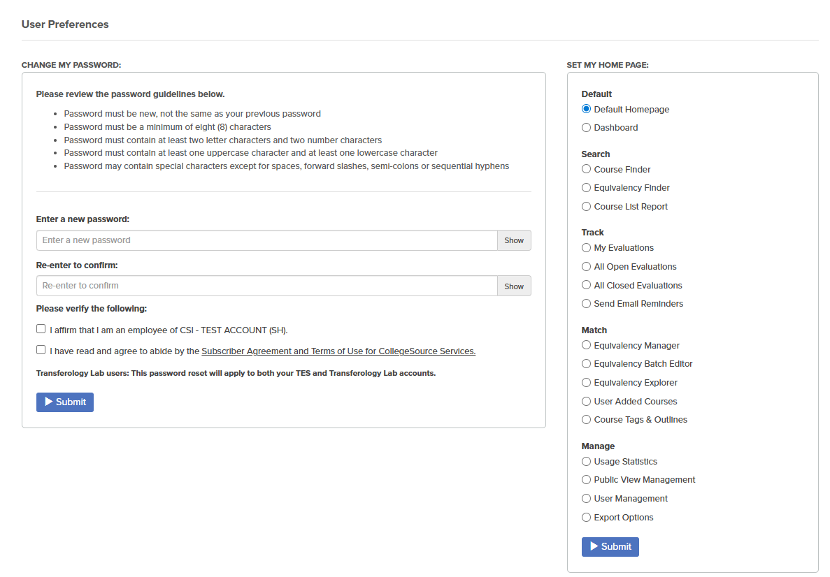 Image of the User Preferences page in TES. Password guidelines are described below.