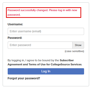 Message reads: Password successfully changed. Please log in with new password.