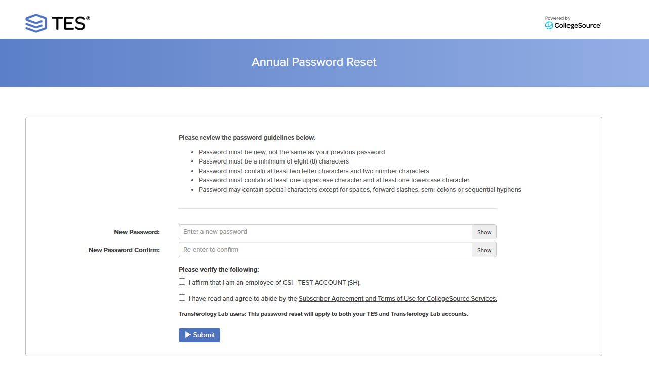 Annual Password Reset screen as described below.
