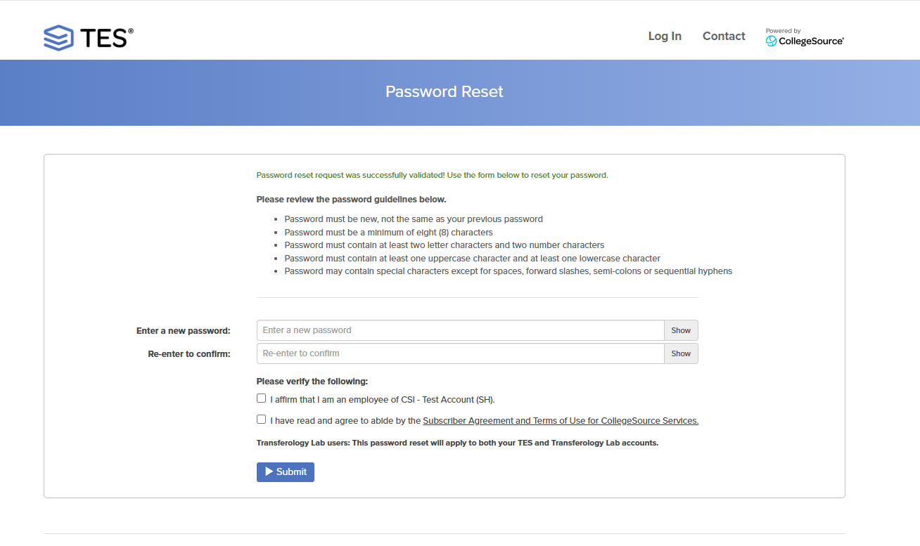 Password Reset screen as described below.