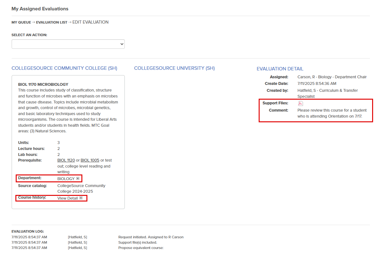 Sampele evaluation task. The callout highlights the Department, Course history, Support Files, and Comments field.