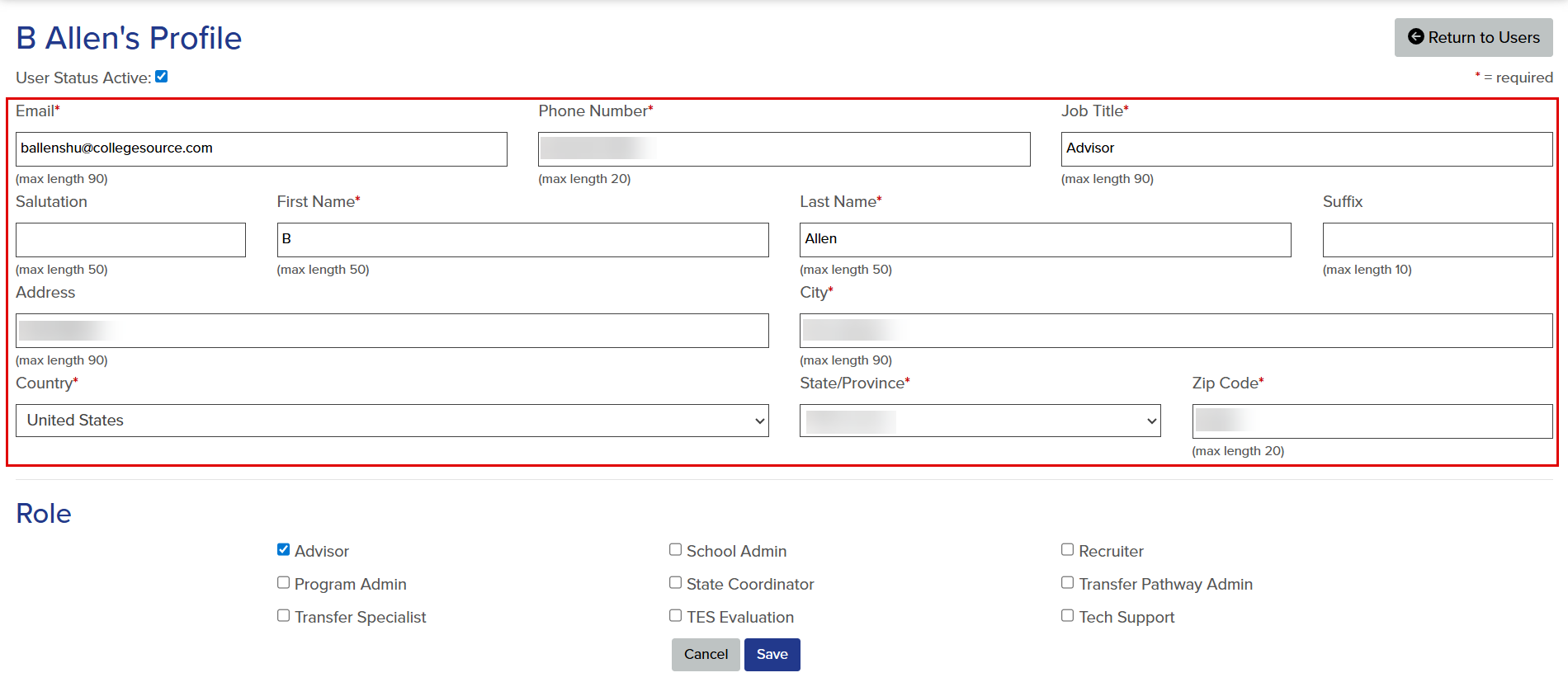 User profile. The callout highlights the biographical information fields, which include email, phone number, job title, salutation, first name, last name, suffix, address, city, country, state or province, and zip code.