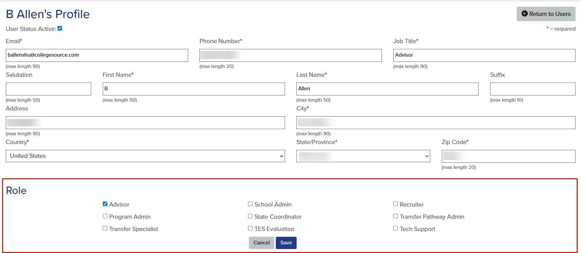 User profile. The callout highlights the role options of Advisor, Program Adin, Transfer Specialist, School Admin, State Coordinator, TES Evaluation, Recruiter, Transfer Pathway Admin, and Tech Support.