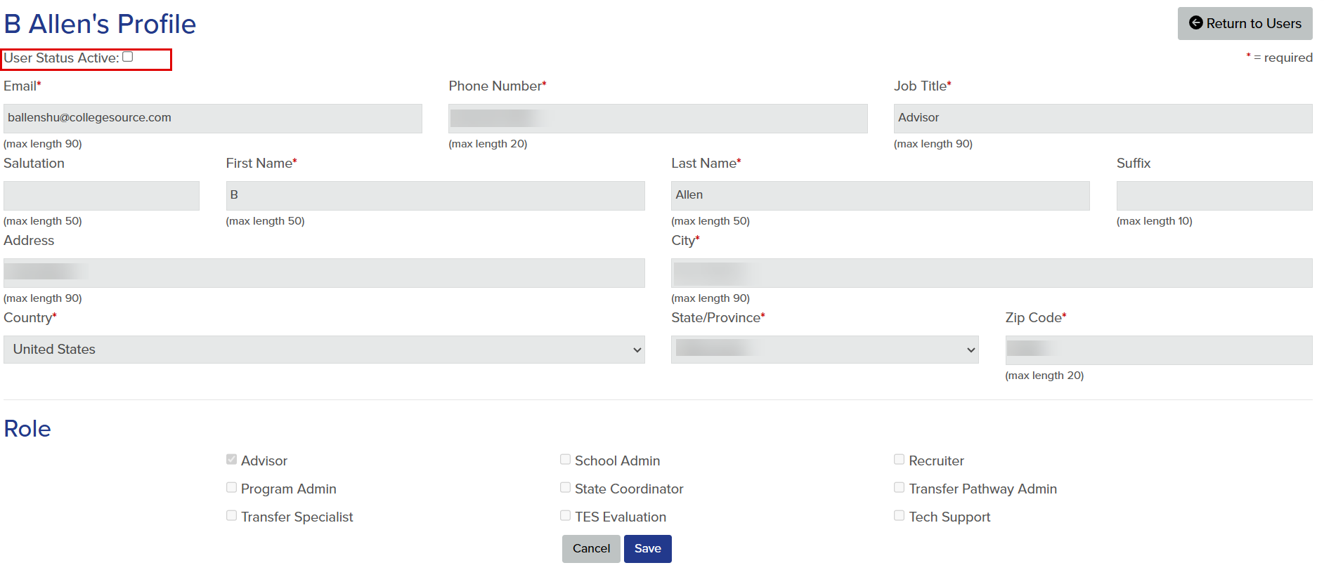 User profile. The callout highlights the User Status Active checkbox.