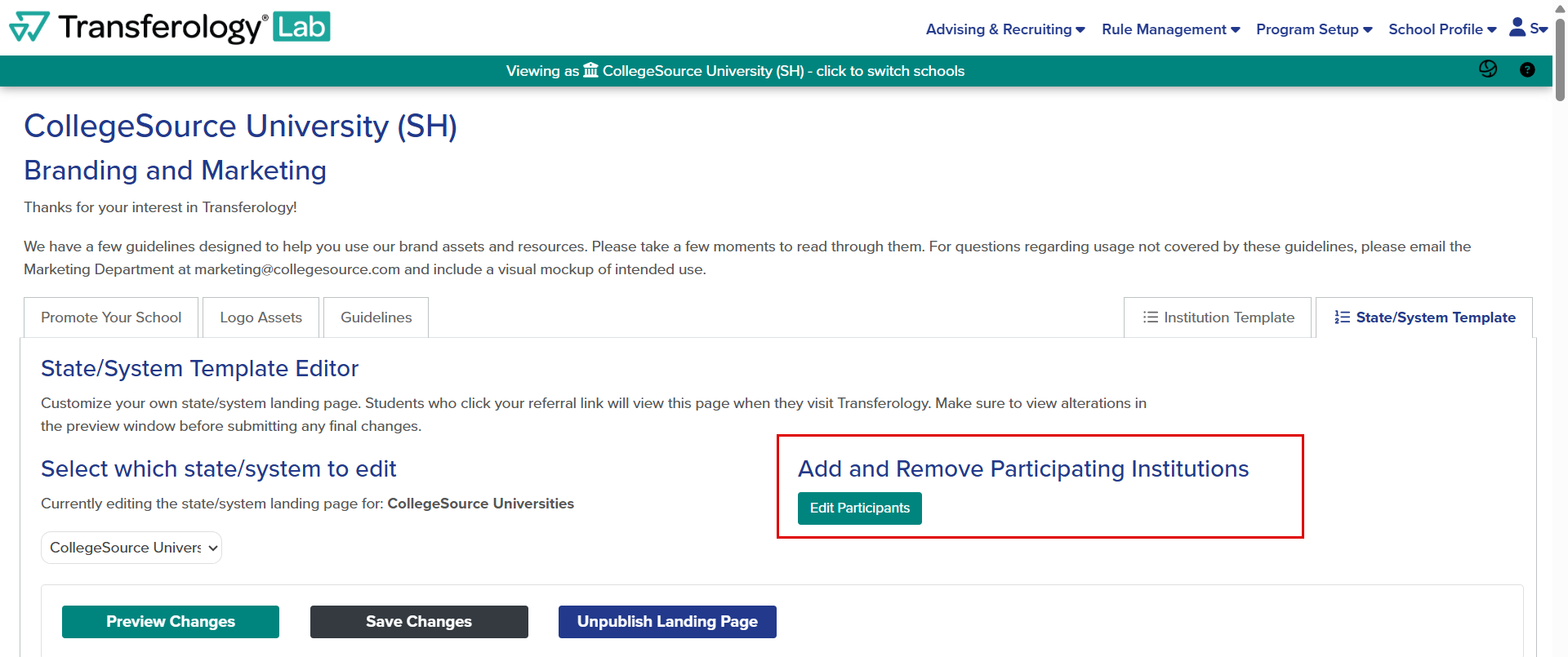 The callout highlights the location of the Add and Remove Participating Institutions heading within the state and system landing page