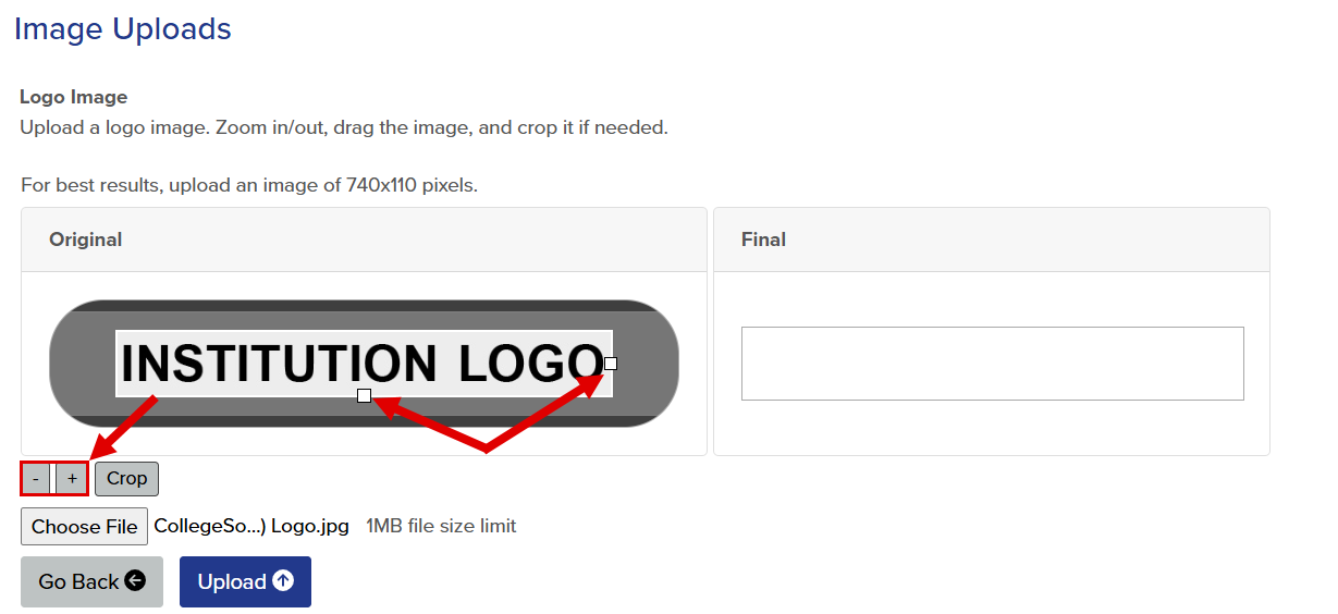 Callout illustrates the locations of the cropping tools can be used to adjust the image.