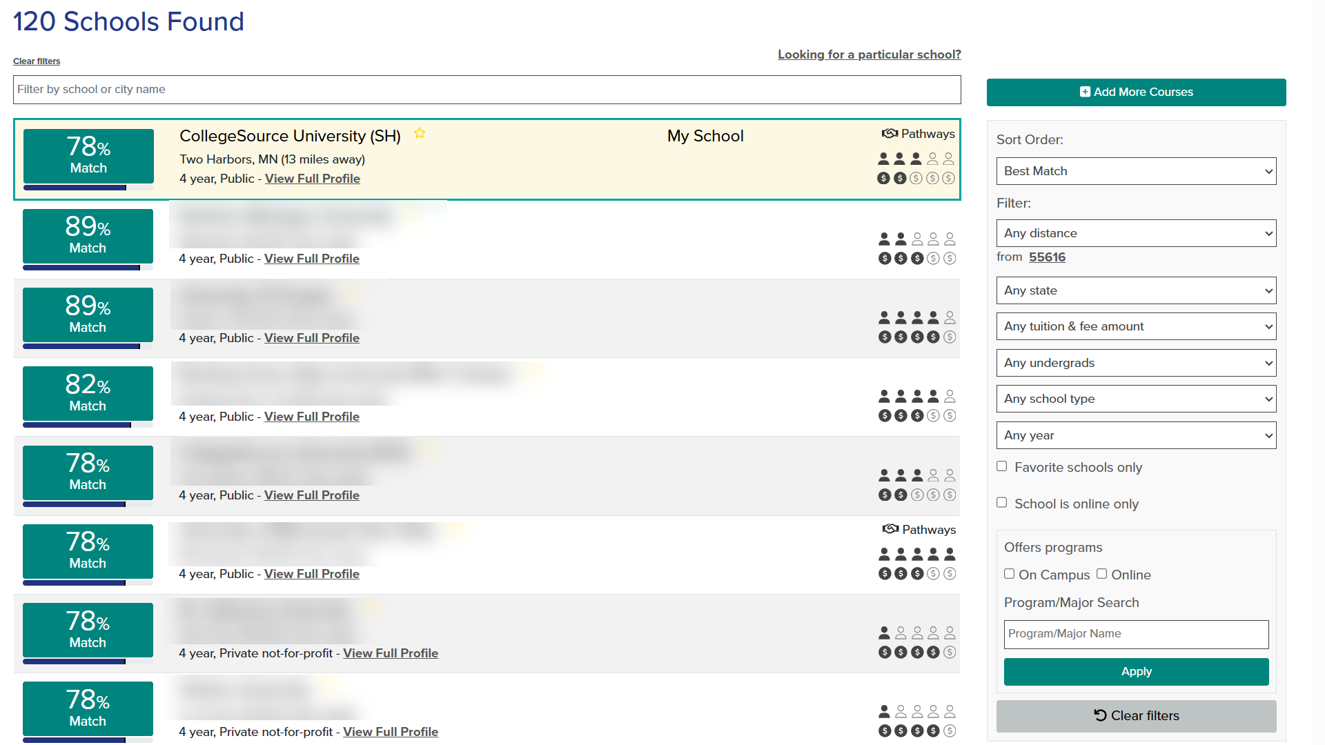 Schools Found page. 120 institutions that have evaluated at least one course, exam, or military credit in the Course Bundle appear in the results.