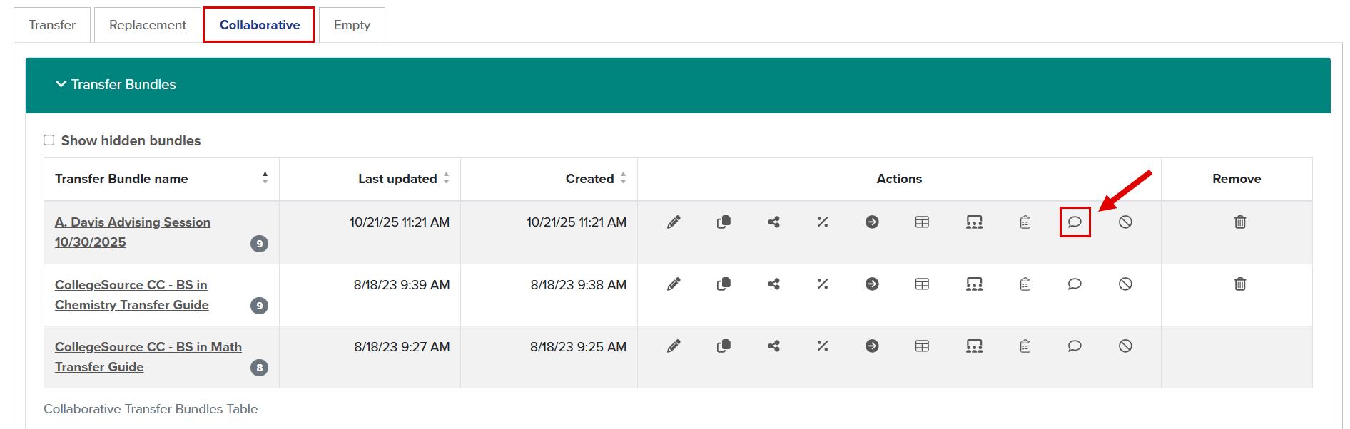 Callout illustrates location of view edit comment button within a Collaborative Transfer Bundle.