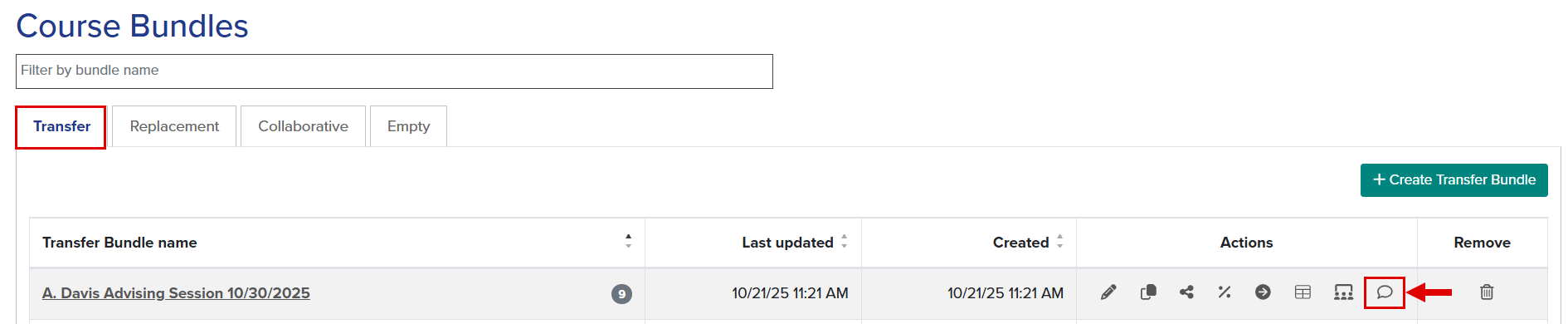 Callout illustrates location of view edit comment button within a Transfer Bundle.