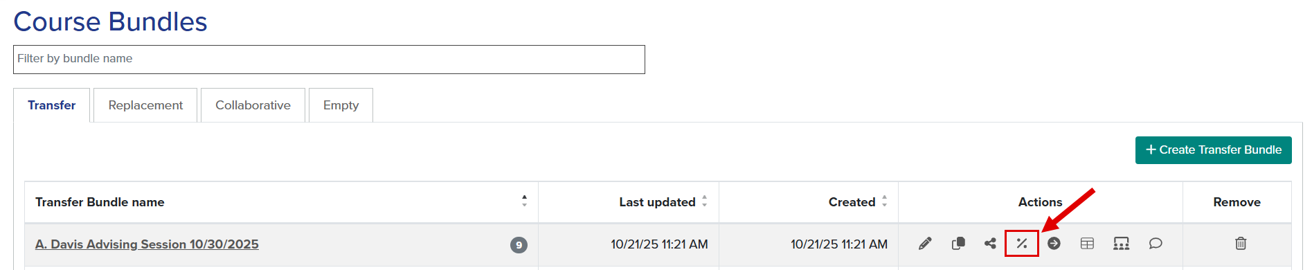 Callout illustrates location of view matches button within a Course Bundle on the Transfer tab.
