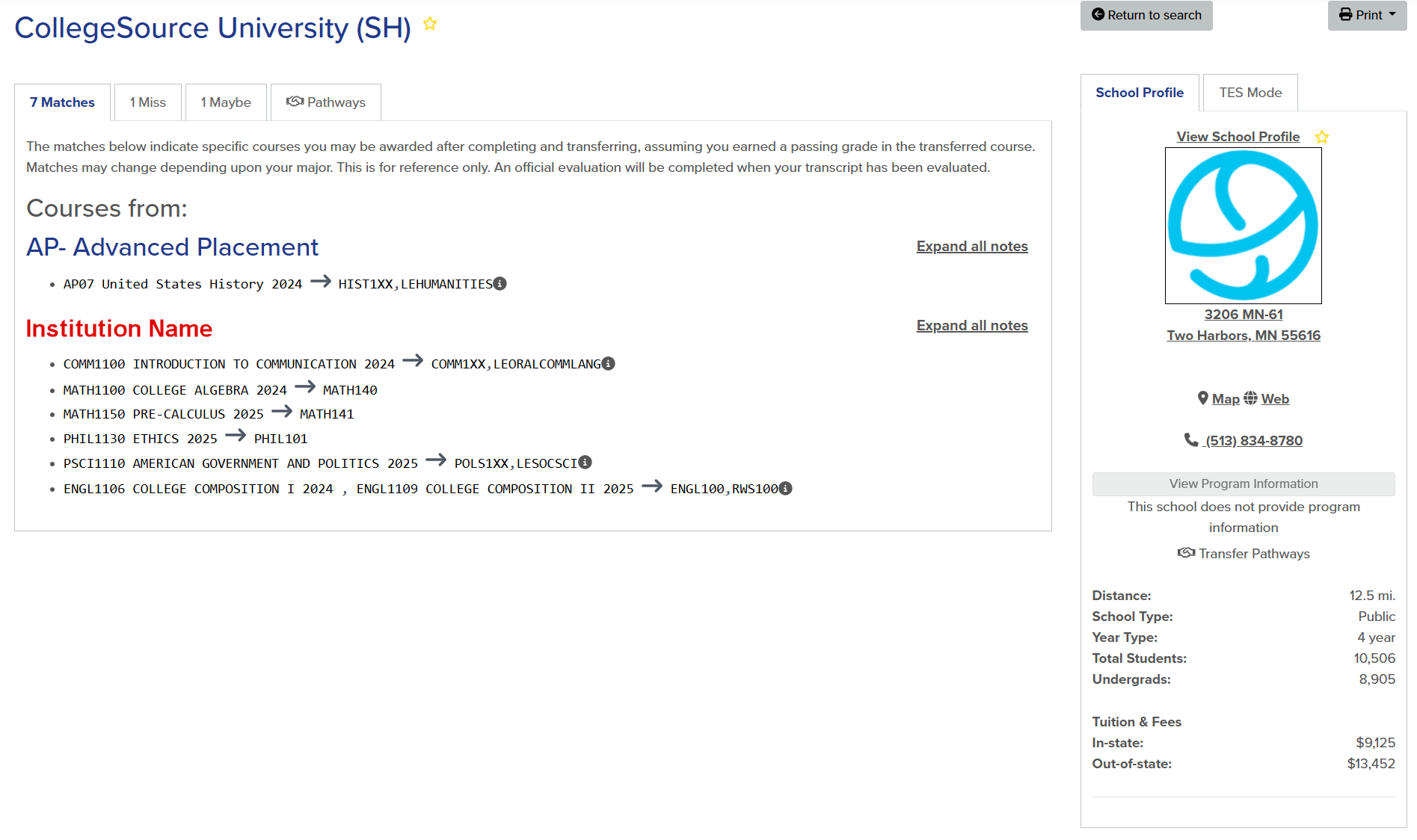 The Match results from CollegeSource University SH are displayed. On the Matches tab, equivalencies to 1 Advanced Placement exam and 6 courses are listed.