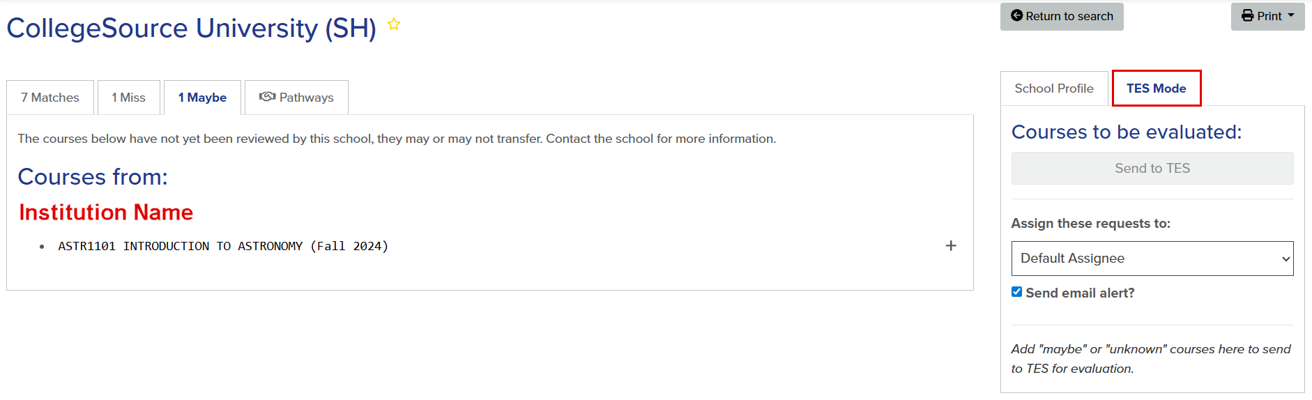 Callout illustrates location of TES Mode tab.