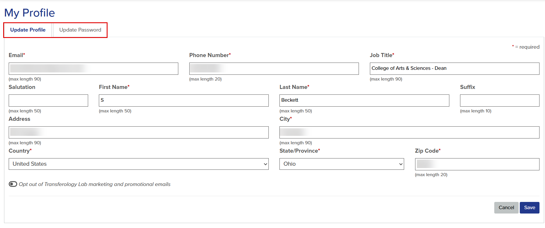 My Profile page. Update Profile and Update Password tabs are highlighted.