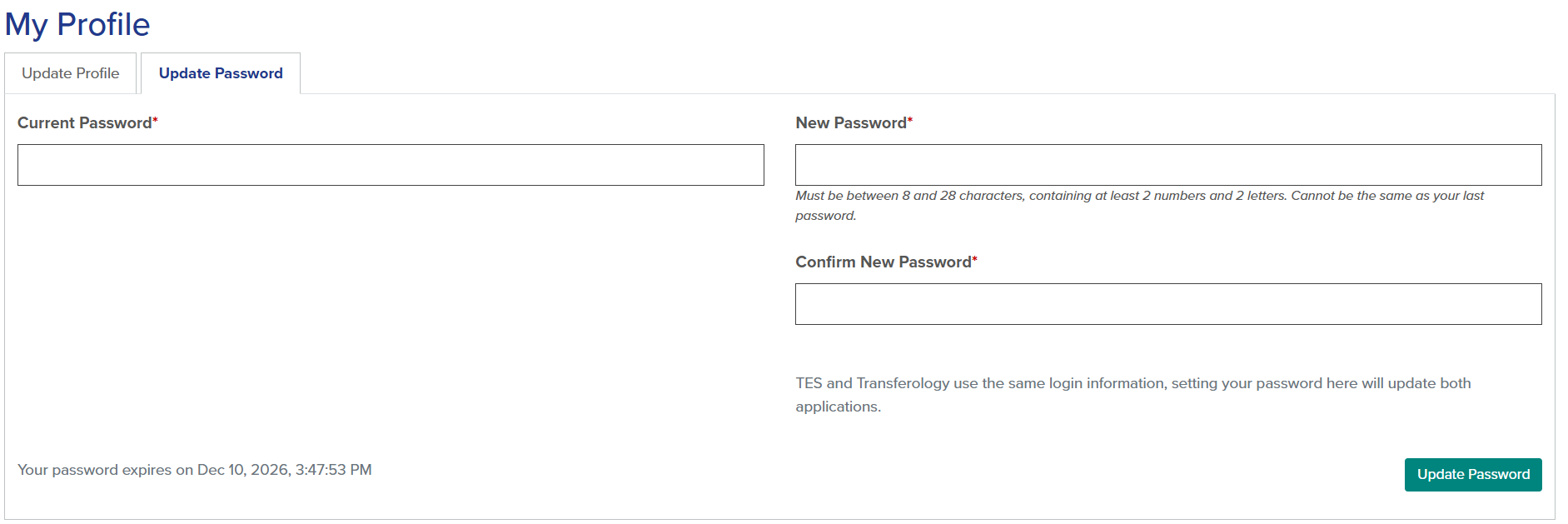 The Update Password tab of MyProfile.