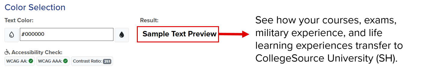 Example of area displaying text color within institution landing page.