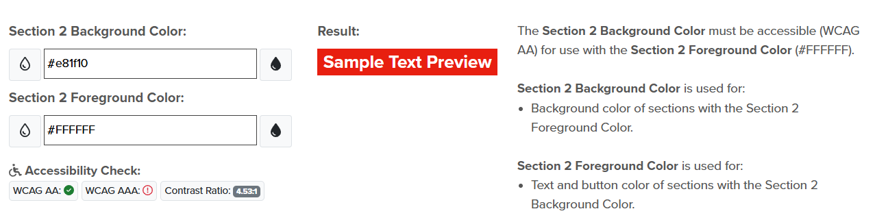 Section 2 Background Color and Section 2 Foreground Color selections within the Institution Template Editor, as described above.