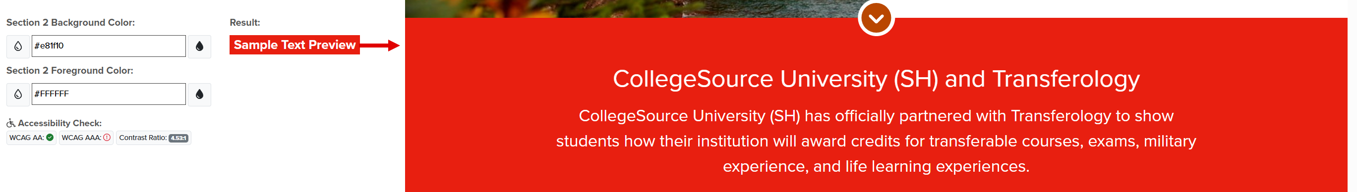 Example of area displaying section 2 background and foreground colors within the institution landing page.